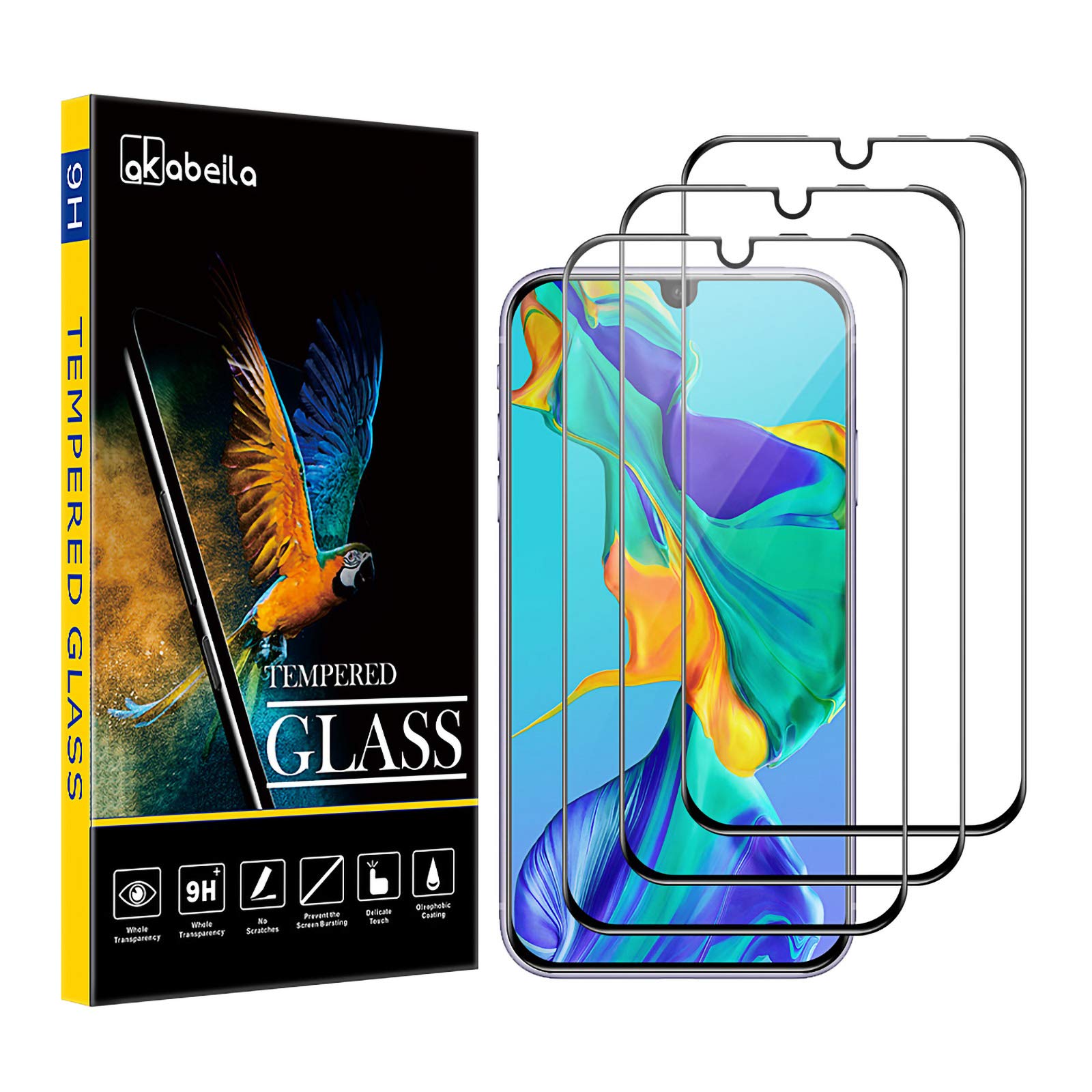 AKABEILA [3 Pack Screen Protector for Huawei P30 Lite Premium HD Tempered Glass Protective Film 9H Hardness Case Friendly Easy Installation Anti Scratch Bubble Free [Full Coverage]