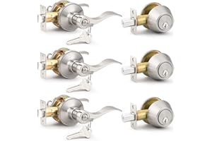 Probrico Entrance Door Lever Deadbolt Sets 3 Set Satin Nickel Exterior Entry Lever and Single Cylinder Deadbolt,Keyed Alike Combo, Keyed Handleset Lockset Exterior(for Front Door and Outside Gate)