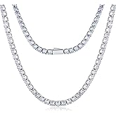 Zsllzm Tennis Necklace for Women and Men 4/ 5mm 1 Row Prong-Setting Stainless Steel Tennis Chain 5A+ Cubic Zirconia Iced Out Chain Never Fade Diamond Necklace or Bracelet -with Gift Box