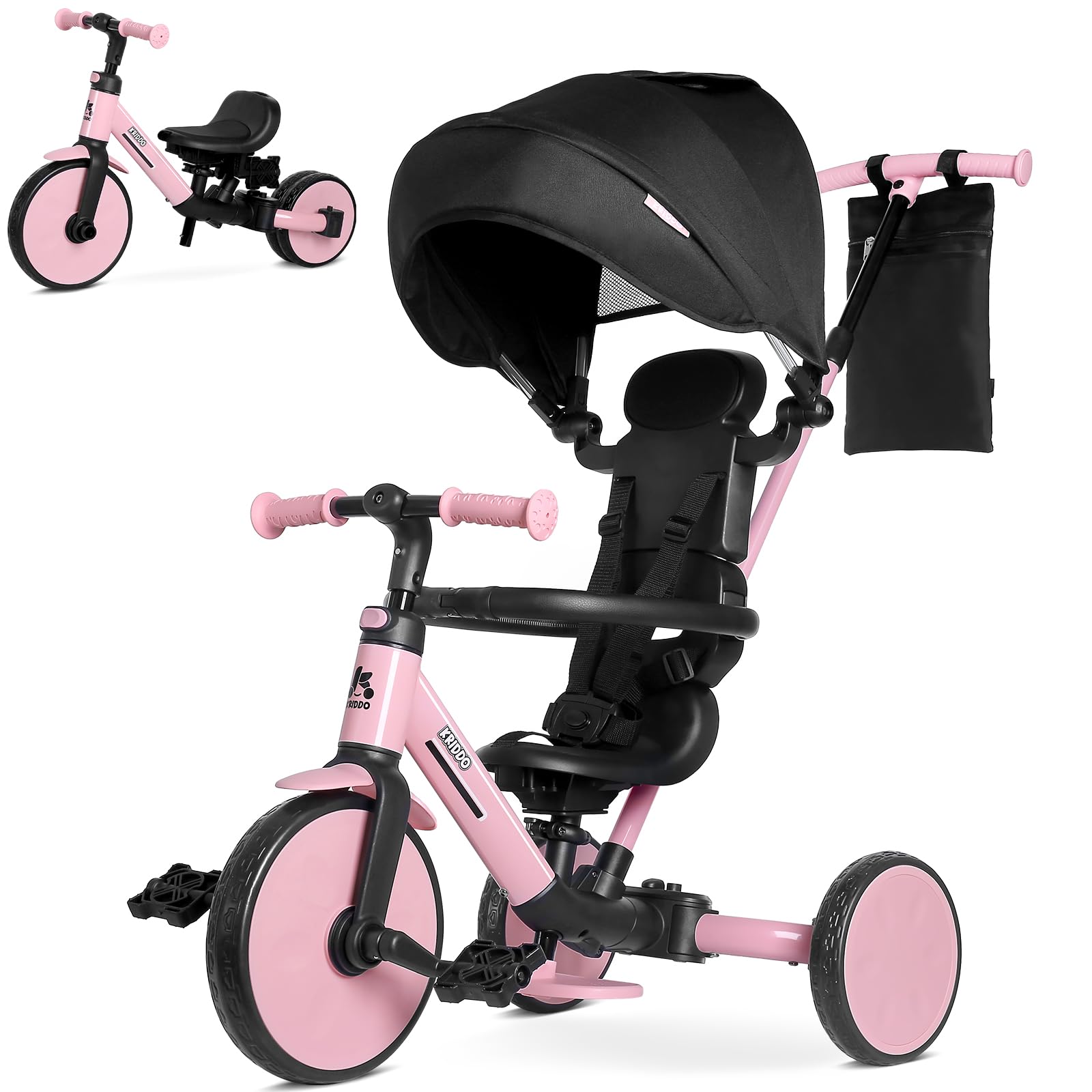 KRIDDO 8-in-1 Toddler Trike for 1.5–5 Years Old, Convertible Kids Tricycle & Balance Bike with Parent Steering Handle, Upgraded 5-Point Harness, Foldable Canopy & Storage Bag, Pink