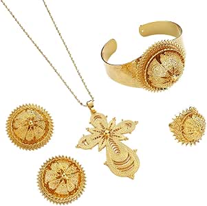 Ethiopian Habesha Gold Cross Jewelry Set – African Trendy Cross Necklace & Earrings Set, 24K Gold Plated Brass, Gift Boxed - View #8