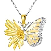 LWXIE Diamond Butterfly Necklace for Women 925 Sterling Silver Sunflower Butterfly Necklace with Lab Grown Diamond Jewelry Gift for Birthday