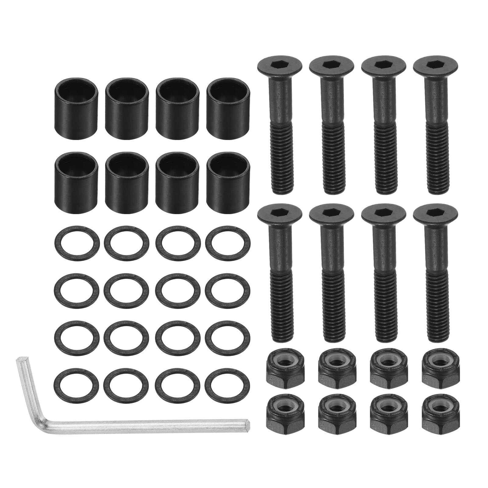 PATIKIL 1.18 Inch Skateboard Hardware Screws Bolts Kit, 8Pcs Skate Tools Mounting Hex Key Parts with Spacers Washers Nuts Wrench for Skateboard Wheel Accessories, Black