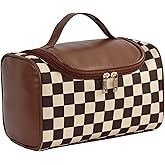 FEEZUSH Makeup Bag, Travel Portable Checkered Pattern Cosmetics Skincare Storage Bag (Brown)