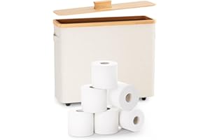 Bulado Toilet Paper Storage Stand, Toilet Paper Basket with Lid for 12-Roll Standard Toilet Paper Holder, Bamboo Toilet Paper Organizer for Bathroom with Footbase Ultimate Bathroom Organizer (Beige)