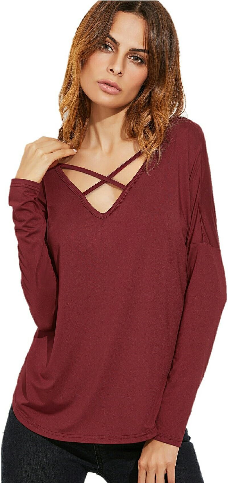 Vitans Burgundy Crisscross V Neck Curved Hem T-shirt