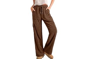 Sidefeel Womens Corduroy Pants Casual High Waisted Elastic Drawstring Cargo Loose Fit Wide Leg Pants with Pockets