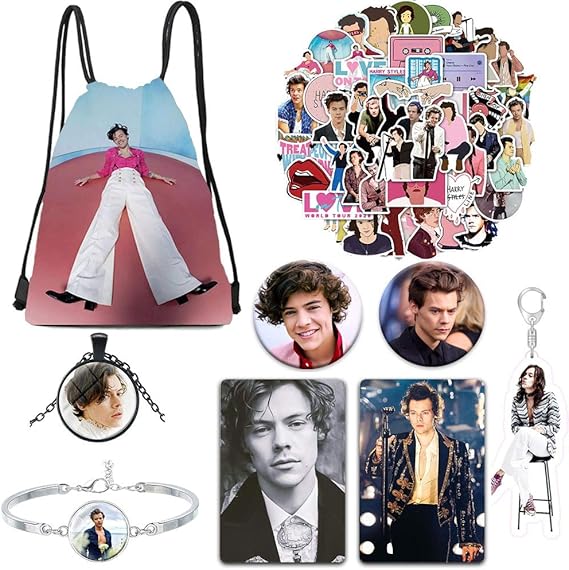 Harry Styles Merch, 1 Drawstring Bag +50pcs Stickers +2 Button Pins +1 Keychain +Bracelet +1 Harry Styles Merch, 1 Drawstring Bag +50pcs Stickers +2 Button Pins +1 Keychain +Bracelet +1