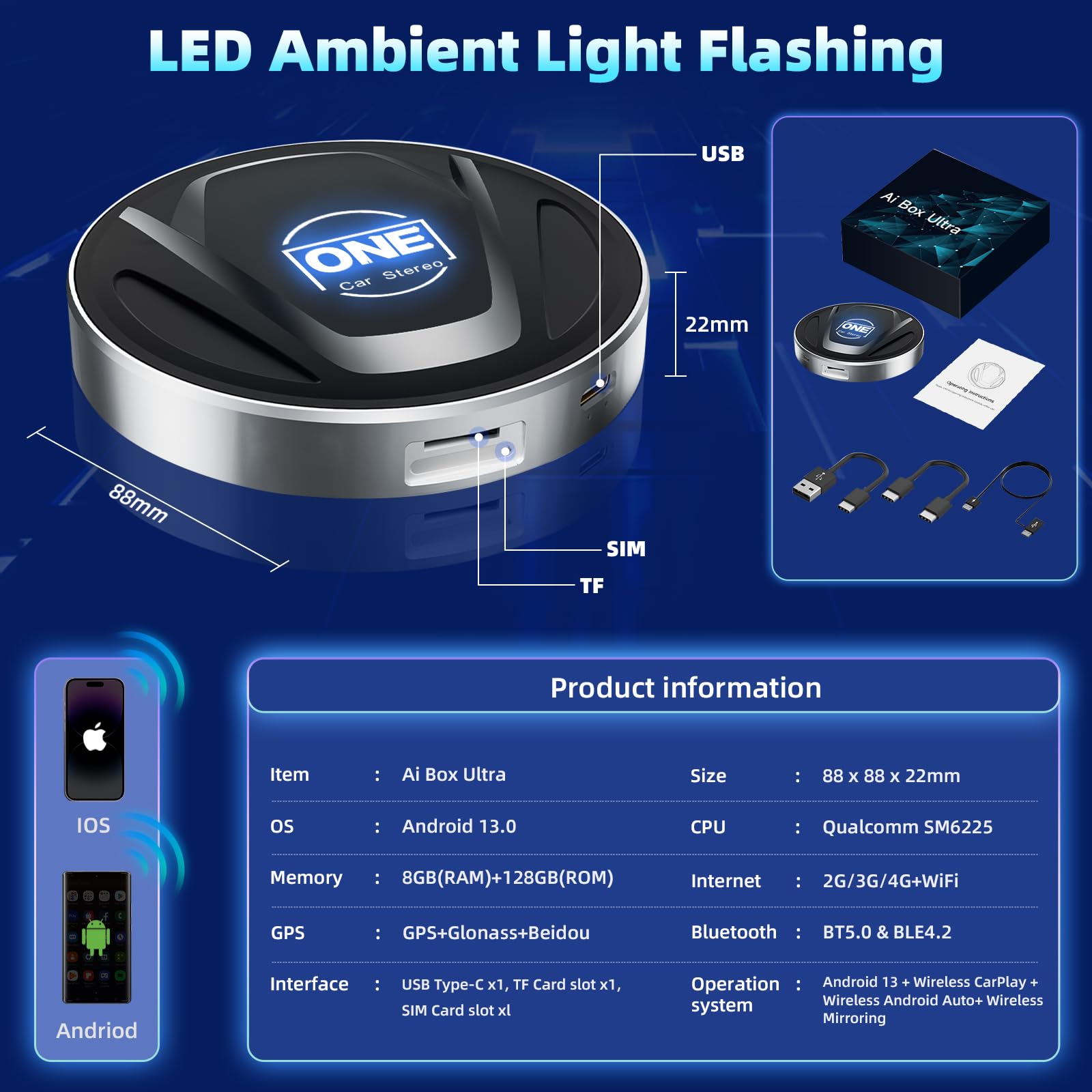 OneCarStereo CarPlay Ai Box Ultra, Wireless CarPlay Adapter Built-in Qualcomm 8-core 6225 High-Performance with Android 13, Magic CarPlay Box Stream Video Apps, TF/SIM Card, LED Light(8+128GB)