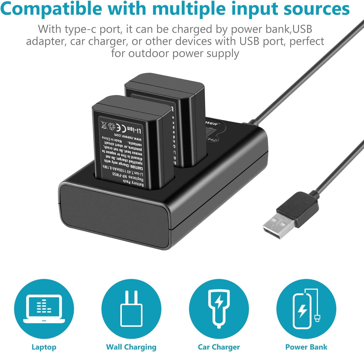 NEEWER 2-Pack NP-FW50 Replacement Battery and Dual Slot Charger compatible with Sony ZV-E10, A7RII, A7R, A7II, A7, A7SII, A7S - Image 3