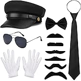 Amlisia Chauffeur Costume Men Woman, Novelty Limo Taxi Driver Costume Chauffeur Hat Sunglasses White Gloves Fake Beard Bow Tie Necktie for Men Women for Halloween Cosplay (11 PCS), Black