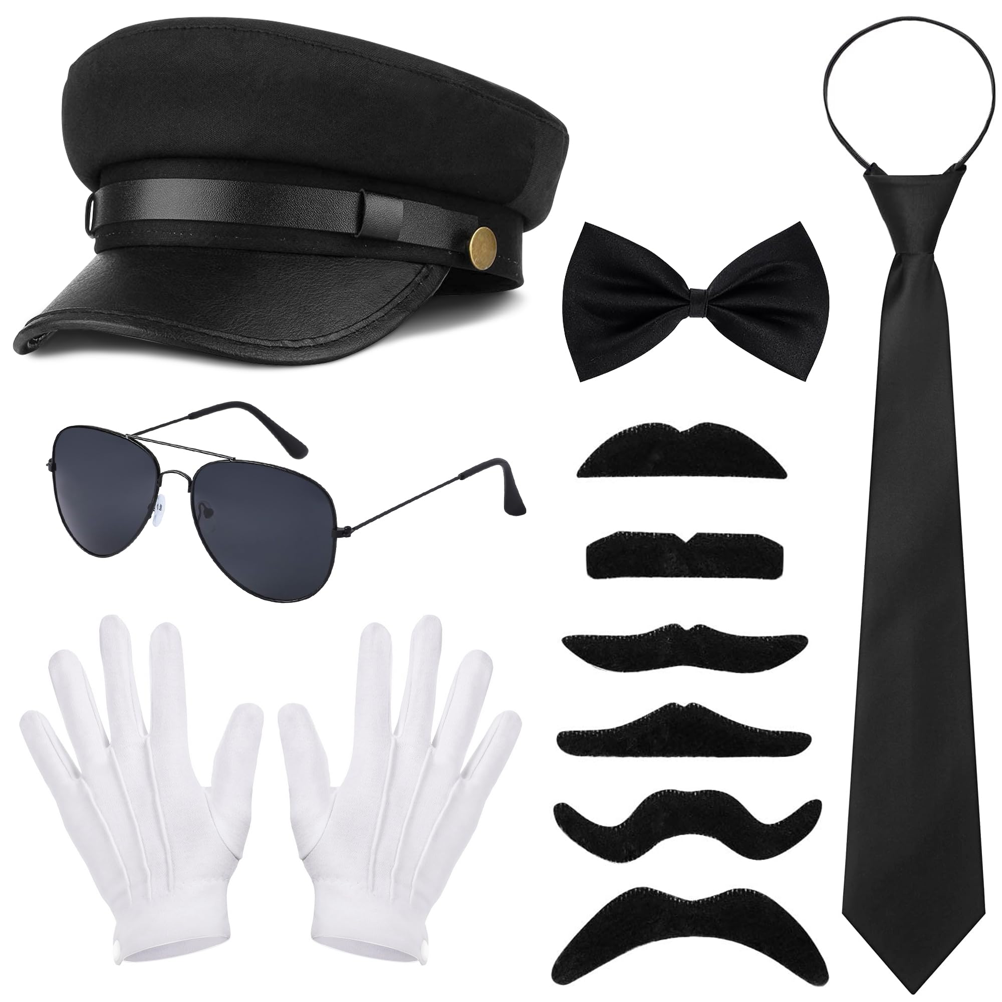 Vifcotlyp 11 PCS Chauffeur Costume Accessories, Novelty Limo Driver Costume with Chauffeur Hat Sunglasses Gloves Fake Beard Necktie for Men Women for 1920s Gangster Theme Party Halloween Cosplay