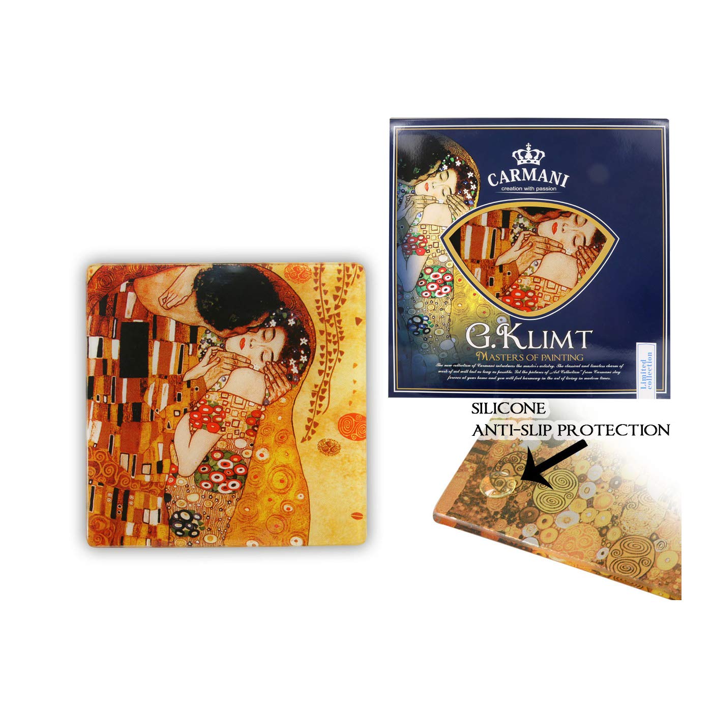 Carmani Coaster / 1 piece glass pad with Klimt The Kiss 10.5x10.5cm