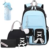 ACESAK 4PCS Teen Girls Backpack with 14OZ Water Bottle Set,Black Blue | 4-In-1 Kids Backpack Set with 14OZ Insulated Kids Water Bottle, Lunch Bag Set for Girl Teens Elementary Middle School Student