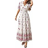 PRETTYGARDEN Womens Summer Boho Maxi Dress 2026 Trendy Short Sleeve V Neck Flowy Beach Floral Dresses with Pockets