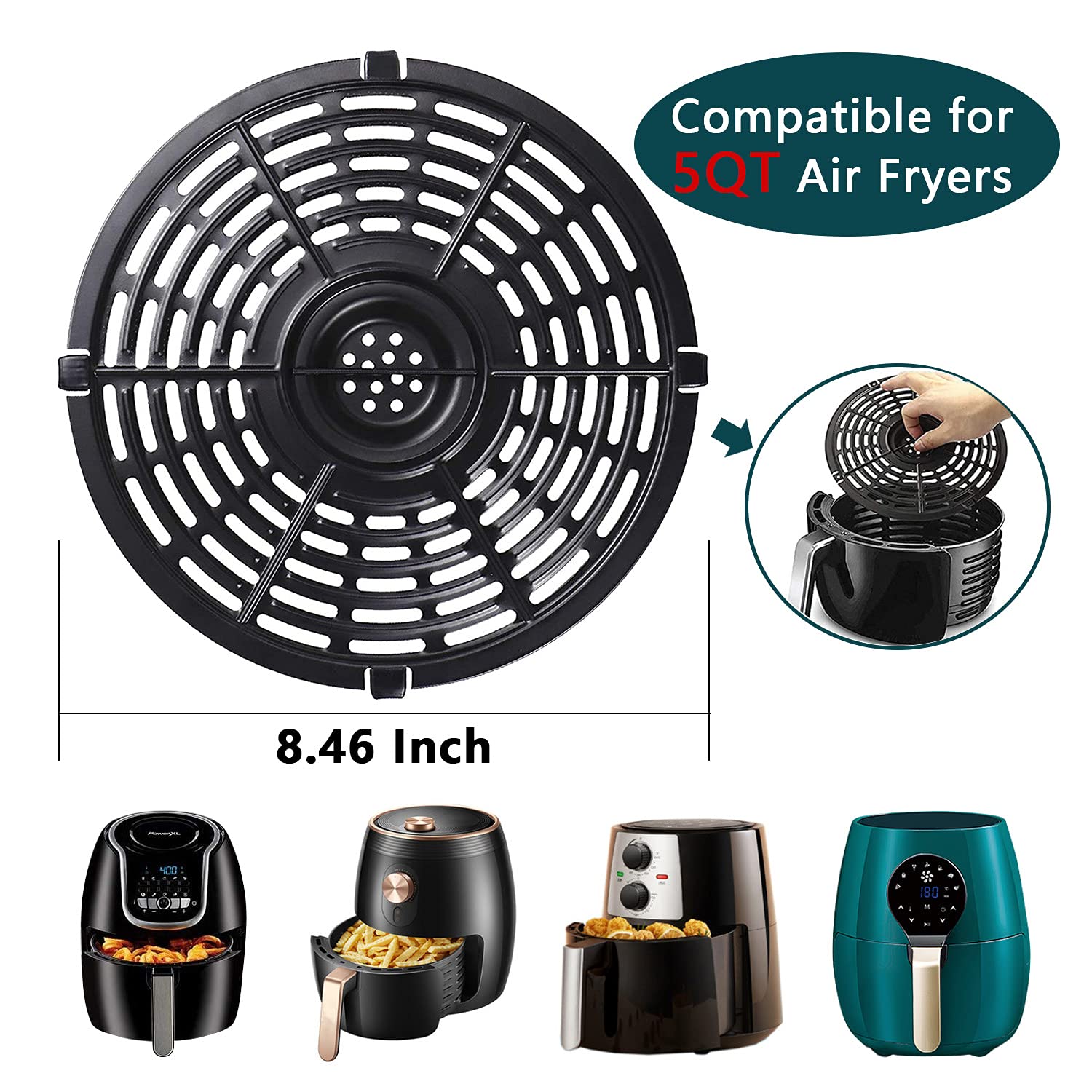 Air Fryer Replacement Grill Pan For Power Dash Chefman 5QT Air Fryers Crisper Plate,Air fryer Grill Plate,Non-Stick Fry Coating Pan,Dishwasher Safe (8.46in/5QT）