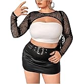 WDIRARA Women's Plus Size Fishnet Sheer Mesh Round Neck Long Sleeve Super Crop Top
