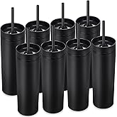 Mimorou 8 Pack Skinny Tumbler with Lids and Straws 16 oz Matte Colored Acrylic Tumblers Double Wall Plastic Tumbler Cups Skinny Travel Cup Reusable Cup for Parties Home Office (Black)