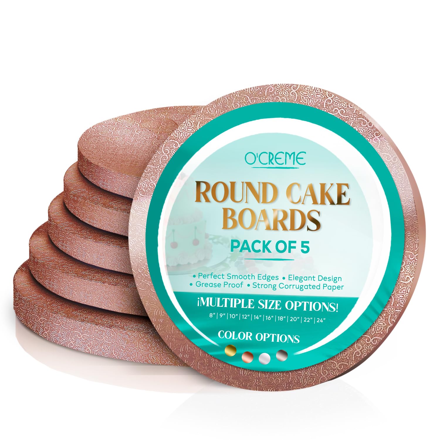 O’Creme Cake Board, Rose Gold Foil Round Cake Circles with Gorgeous Design, Sturdy & Durable 1/2” Thick Cake Drums, Round Cake Boards with 24” Diameter, Pack of 5 Disposable Cake Drums Image