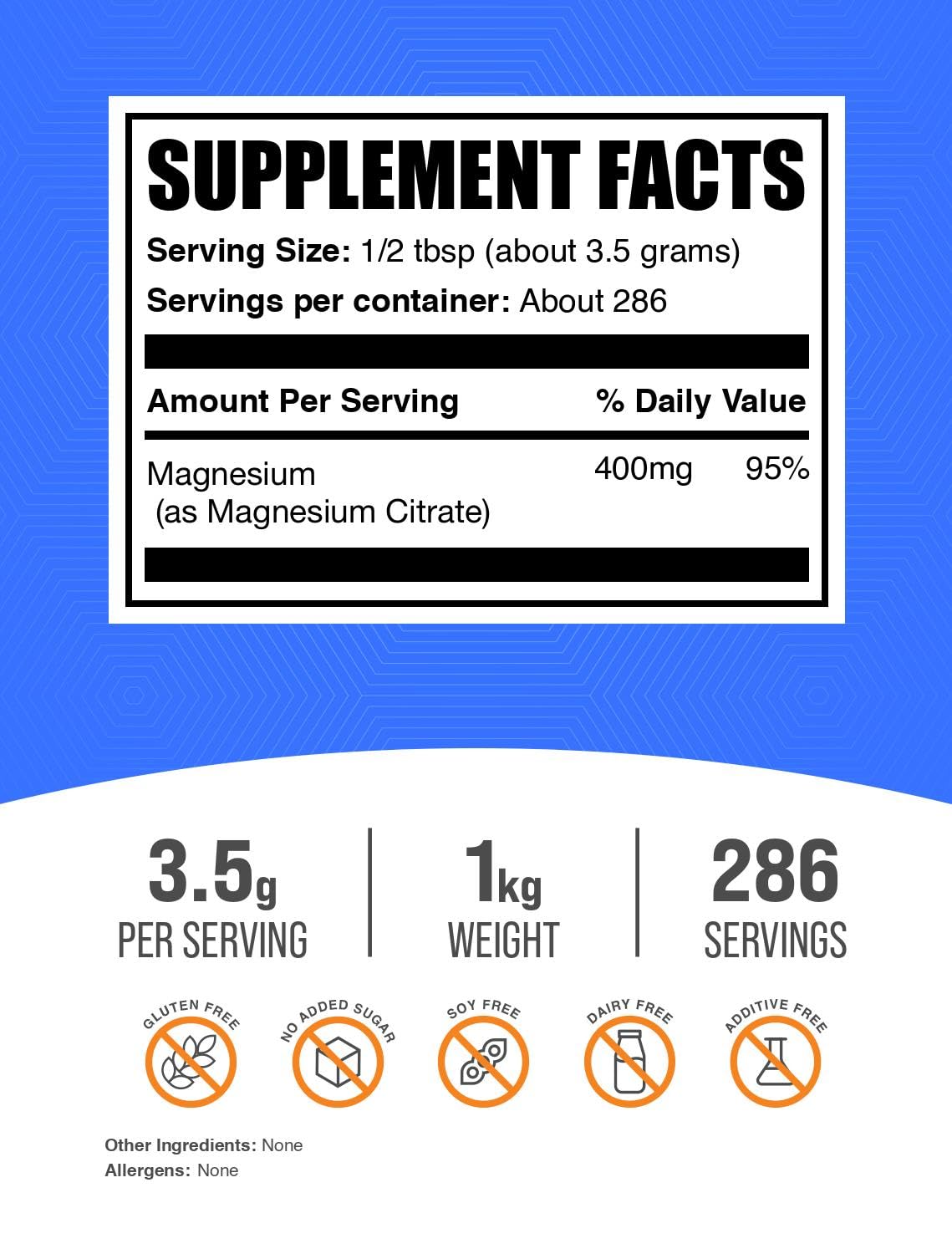 BulkSupplements.com Magnesium Citrate Powder - Magnesium 400mg Supplement, Easily Absorbable - Pure & Gluten Free, 3.5g per Serving, 1kg (2.2 lbs) (Pack of 1)