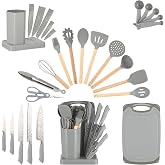 HEEVON 23-Piece Kitchen Utensils Set with Removable Knife Block, Gray | All-in-One Prep Set with 5 Knives, Silicone Tools, Cutting Board and Removable Organizer