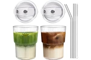RÉΑLWÁY Iced Coffee Cups with Lids and Straws Set of 2, 16 Oz Unbreakable Plastic Drinking Glasses Reusable Iced Coffee Glass