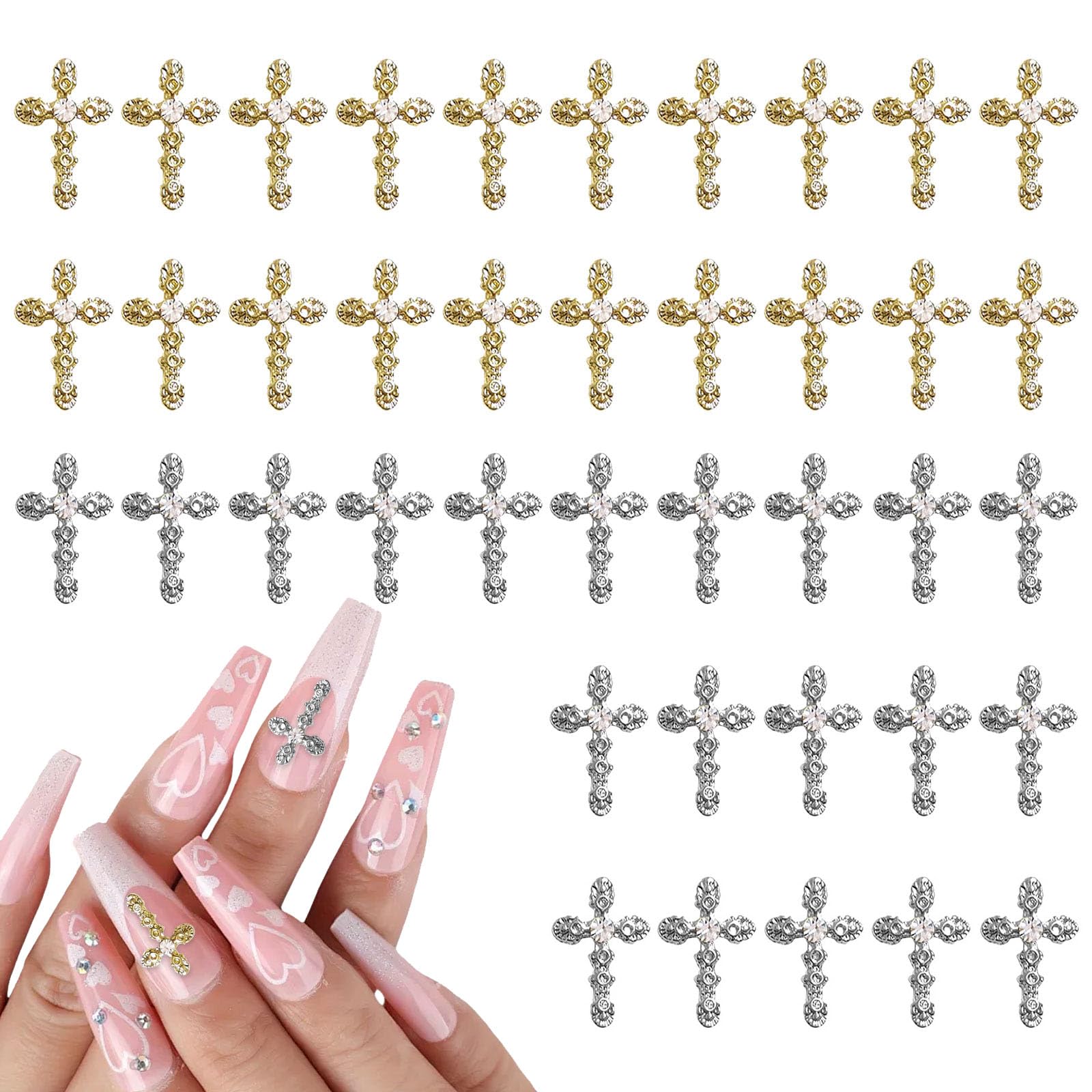 Nail Art Cross, 40 Pieces Gold and Silver Alloy Metal Gemstones Nail Art Decoration for Manicure Craft DIY Nail Art Jewelry Making (Silver Gold)