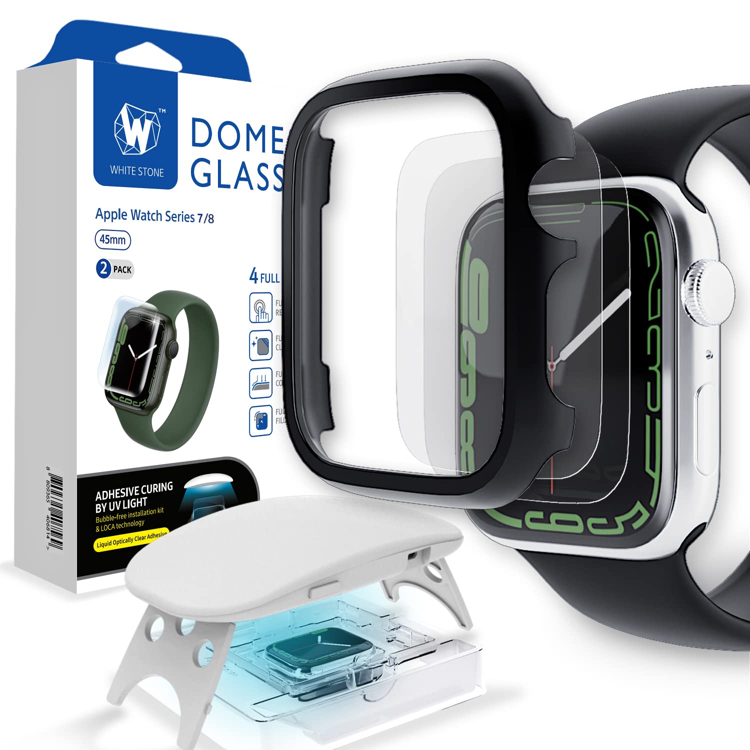 Whitestone Dome Glass for Apple Watch Series 7 (45mm) Tempered Glass Screen Protector [Liquid Dispersion Tech] With Case for Apple Watch 7 (45mm) - Two Pack
