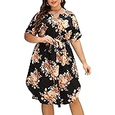Nemidor Plus Size Casual Dresses for Curvy Women Summer Boho Floral Print Swing Midi Dress with Pockets 14-26