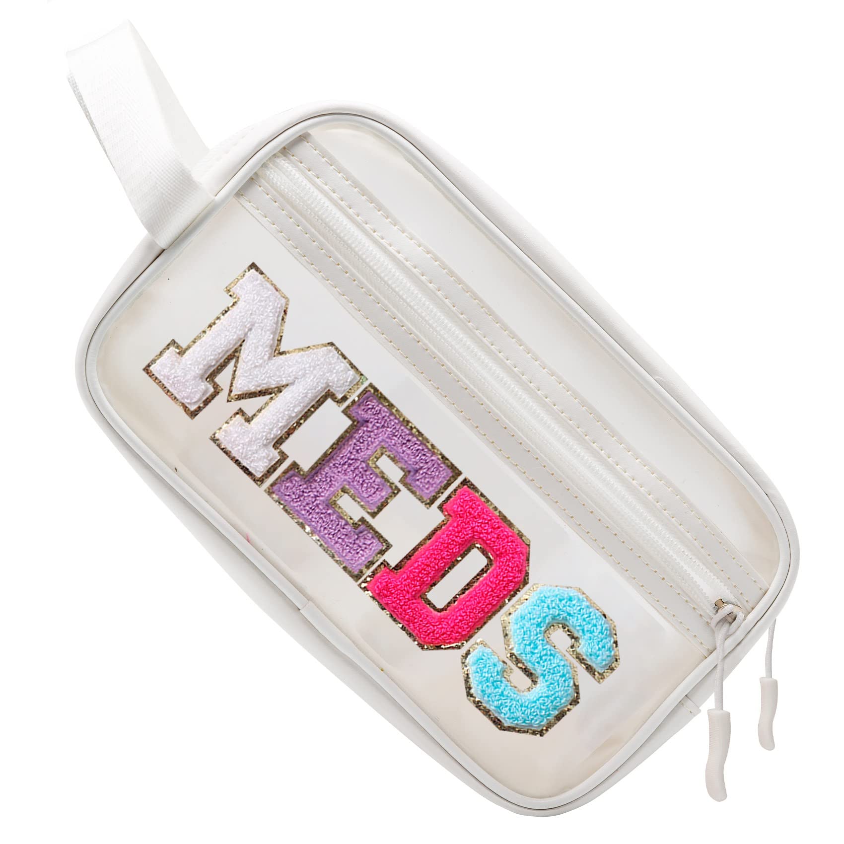 Photo 1 of COSHAYSOO Clear MEDS Bag Medicine Zipper Pouch with Preppy Chenille Letter Patch, Small Medication Drug Pills Travel Storage Case Cute Traveling Accessories Organizer Gift for Women Teen Girls