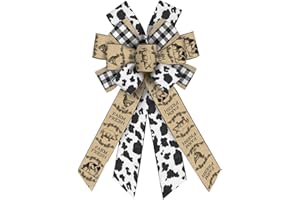 ABTOLS Large Farm Bows for Wreath, Black White Buffalo Plaid Wreath Bows Poultry Bows for Front Door, Farm Fresh Cow Burlap Ornament Tree Topper Bows for Farm Indoor Outdoor Decor