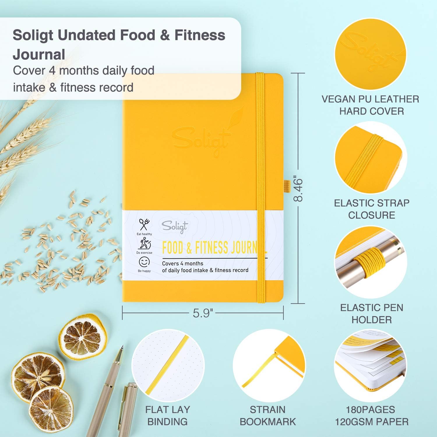 Soligt Food & Fitness Journal and Planner with Wellness Nutrition Record for Meals, Workout, Weight Loss and Diet Tracking 4 Months in A5 Size: Office Products
