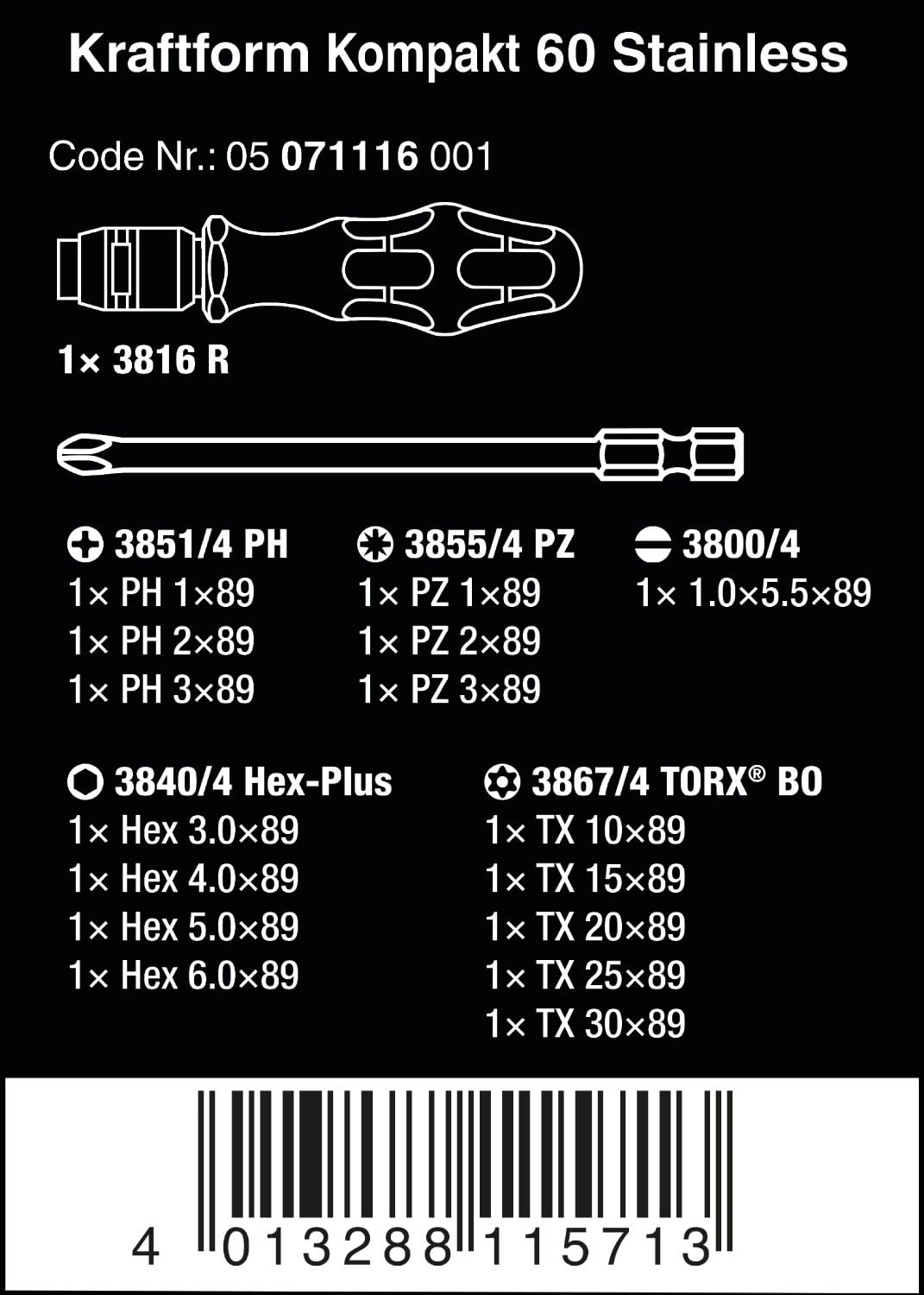 Wera Kraftform Kompakt 60 Stainless Bit-Holding screwdriver & Bit set, PH/PZ/TXBO/SL/HEX, 17pc, 05071116001 - Image 3