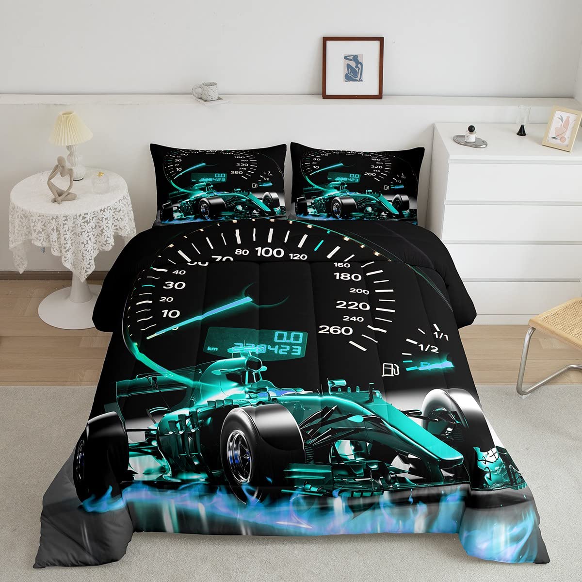 Sports Car Duvet Insert Formula Race Car Duvet for Kids Boys Girls Extreme Sports Theme Comforter Cool Speed Teal Blue Down Comforter 2Pcs Single Size — image 1
