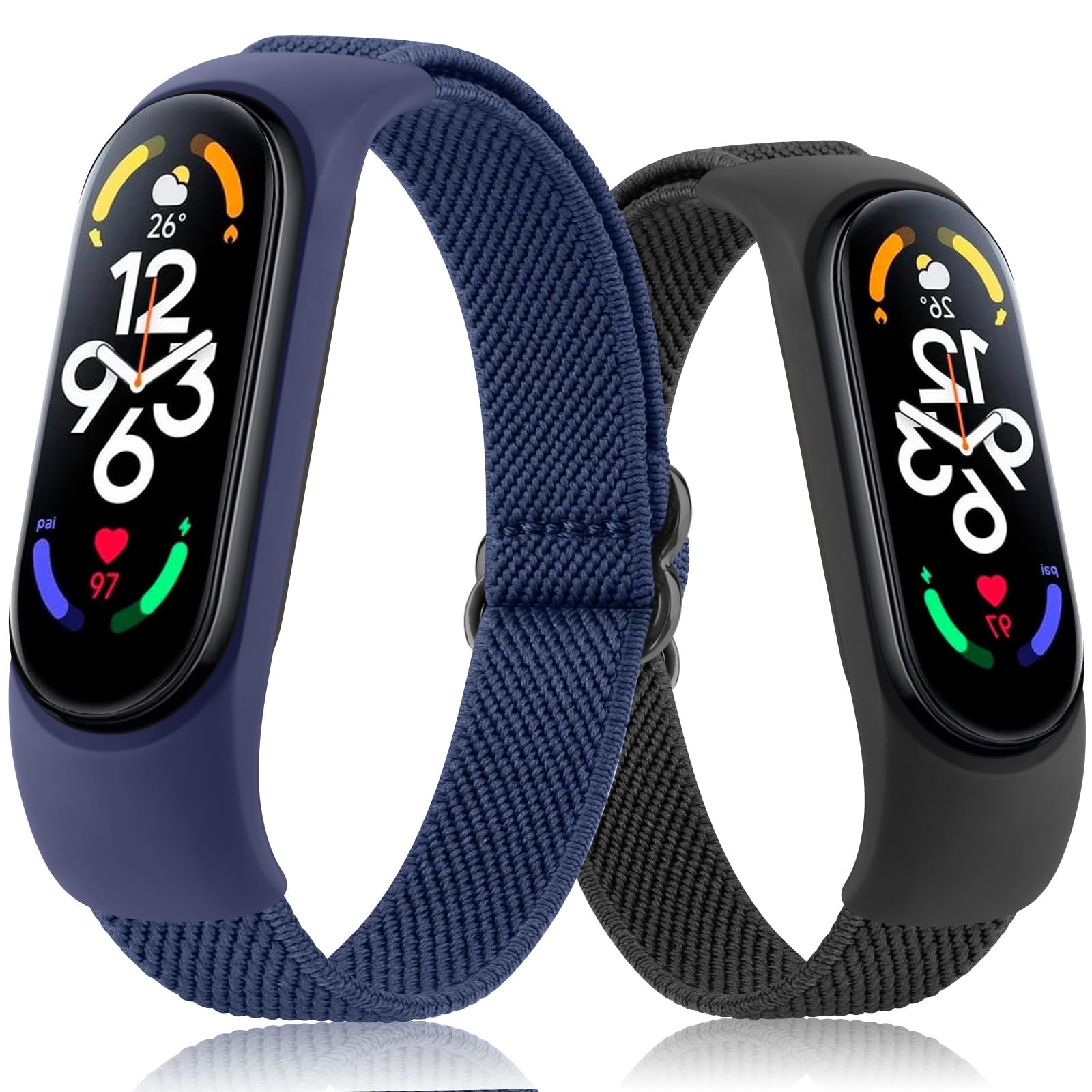 Adjustable Elastic Watch Straps Compatible with Xiaomi Mi Band 7/6/5/4/3, Stretchy Nylon Sports Band for Men Women (Black/Navy Blue)