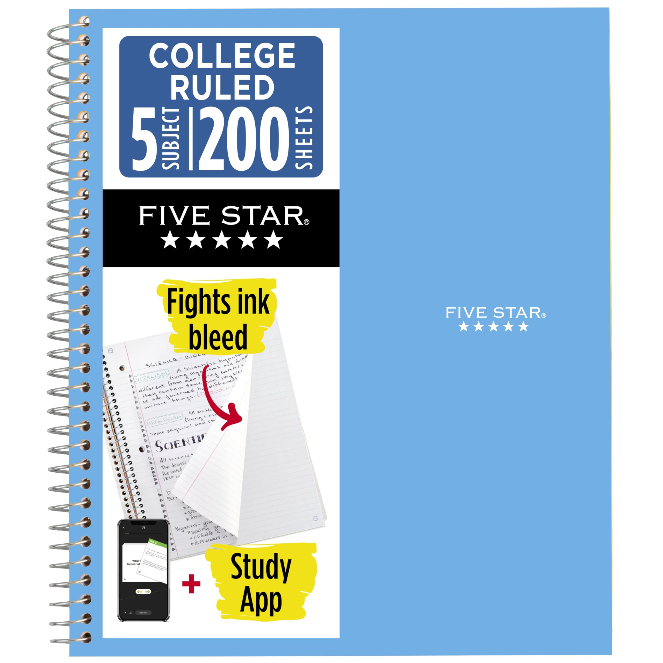 Five Star Spiral Notebook + Study App, 5 Subject, College Ruled Paper, 8-1/2" x 11", 200 Sheets, Fights Ink Bleed, Water Resistant Cover, Pacific Blue (73635)