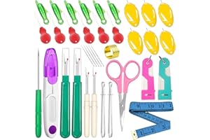 Lechchy 36 Pcs Sewing Tool, 2 Big+ 2 Small Seam Rippers, 20 Needle Threaders, 1 Small Sewing Scissors, 1 Thread Snips, 2 Drawstring Threaders, 1 Soft Tape Measure, 1 Awl Tool, 1 Thimble, and 5 Needles