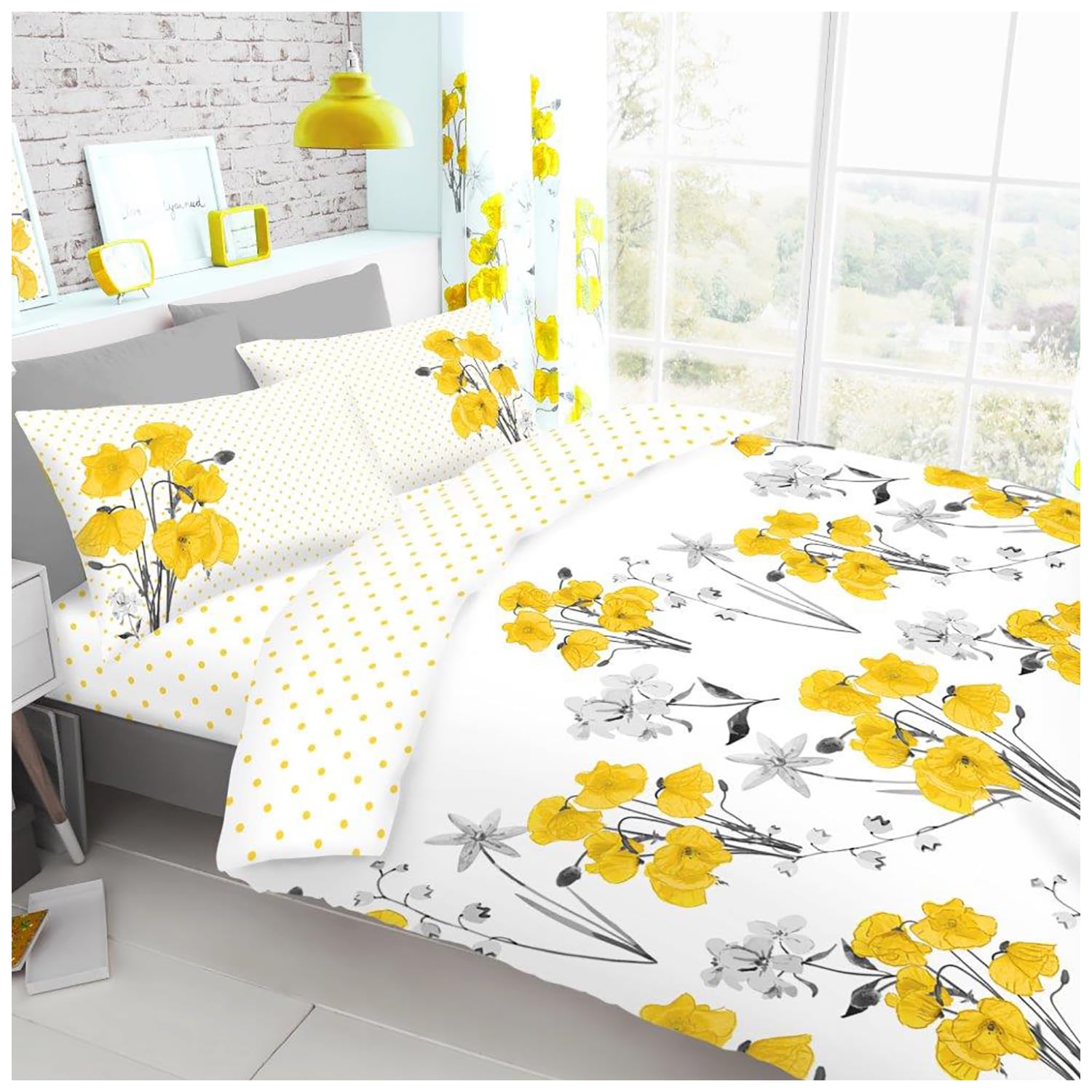 Gaveno Cavailia Luxurious Poppy Bed Set with Duvet Cover and Pillow Cases, Polycotton, Yellow, Double