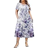 IN'VOLAND Women Plus Size Short Sleeve Dress Loose Summer Casual A-Line Flowy Midi Dresses with Pockets