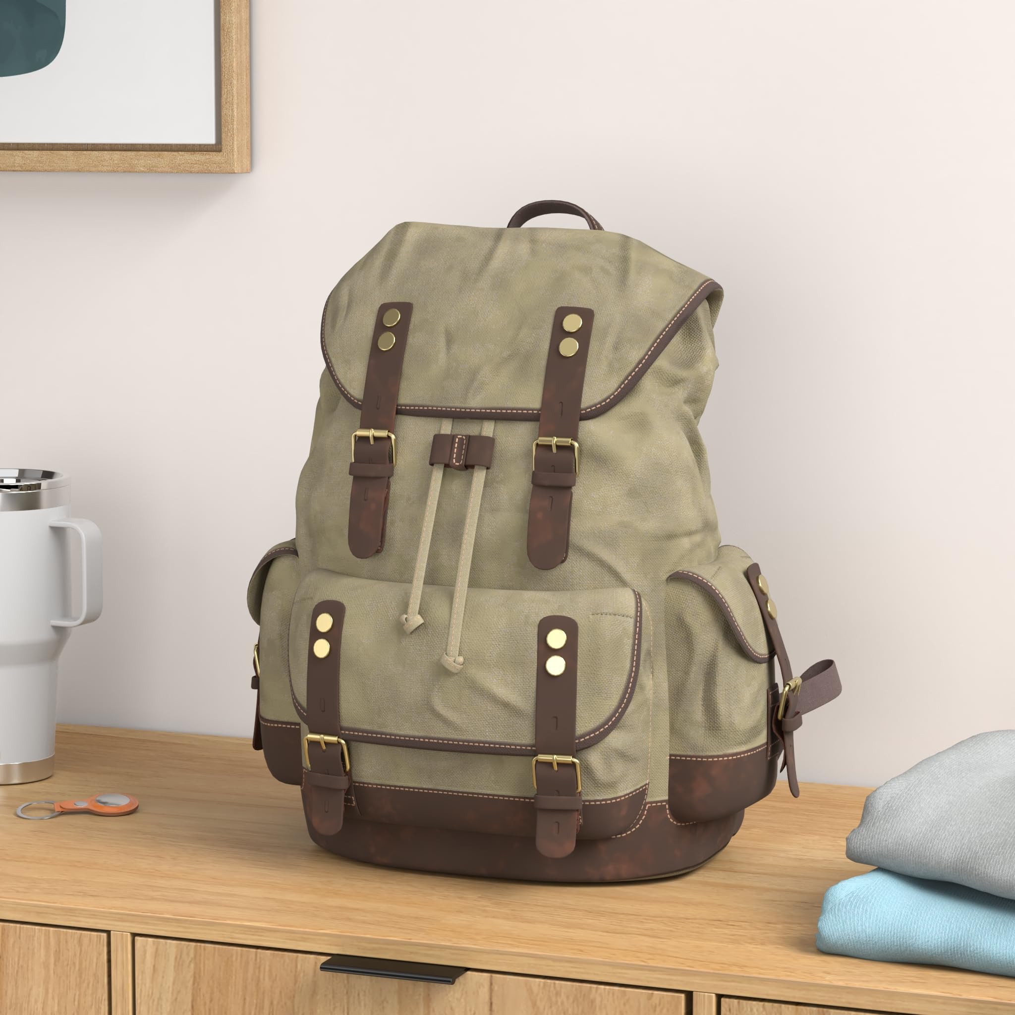 WUDON Men Travel Backpack, Genuine Leather-Waxed Canvas Shoulder Hiking Rucksack