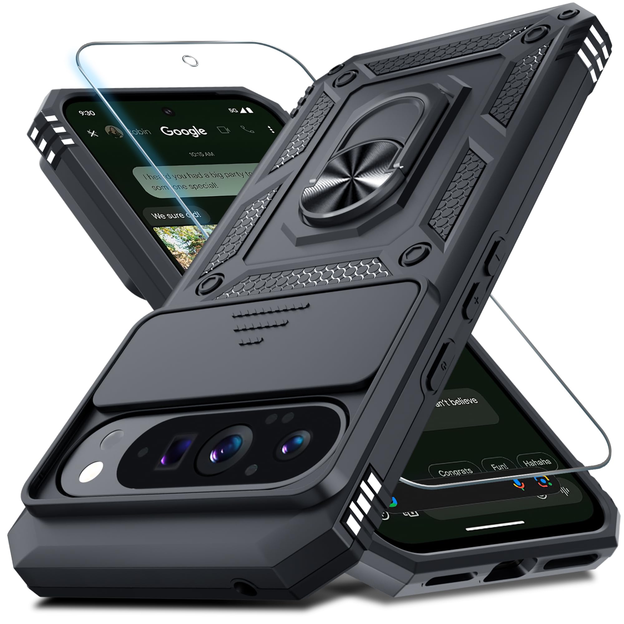 Photo 1 of Janmitta Case Compatible with Google Pixel 10 Pro XL Built in Slide Camera Lens Cover+Screen Protector+Finger Ring Holder Kickstand,Heavy Duty Shockproof Full Body Protective Phone Cover,Black