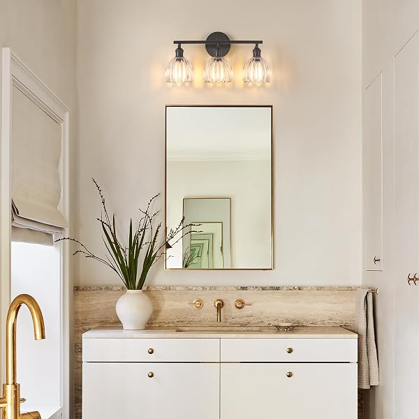 SHENMOYL BATHROOM LIGHT FIXTURES, 3-LIGHT BLACK VANITY WALL LIGHT OVER MIRROR WITH CLEAR TULIP GLASS SHADE FOR BEDROOM LIVING ROOM (BULB NOT INCLUDED)