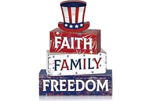 Huquary 4 Pcs Farmhouse 4th of July Patriotic Table Sign Independence Day Table Wood Decorations Patriotic Themed Rustic Farmhouse Wood Block Sign for Party Home Desk (Hat)