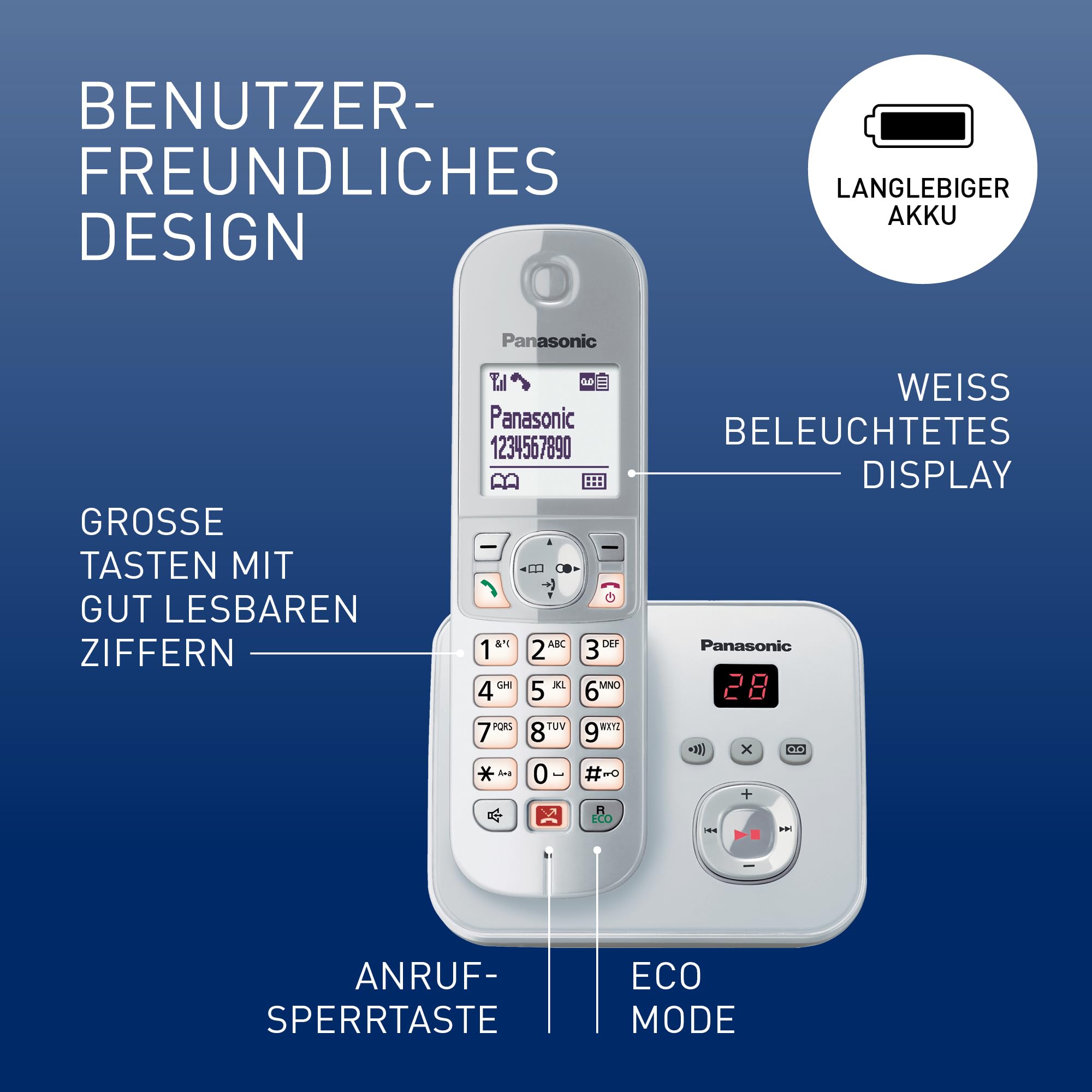 Panasonic KX-TG6861GS Schnurlostelefon mit Anrufbeantworter (Bis zu 1.000 Telefonnummern sperren, übersichtliche Schriftgröße, lauter Hörer, Voll-Duplex Freisprechen) perl-Silber 2