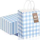 Polinook 40 Pcs Blue Gingham Party Supplies Gift Bag - with Handles Scalloped Plaid Paper Candy Bags - Double Side Kraft Paper Goodie Bags - for Spring Wedding Party Decor
