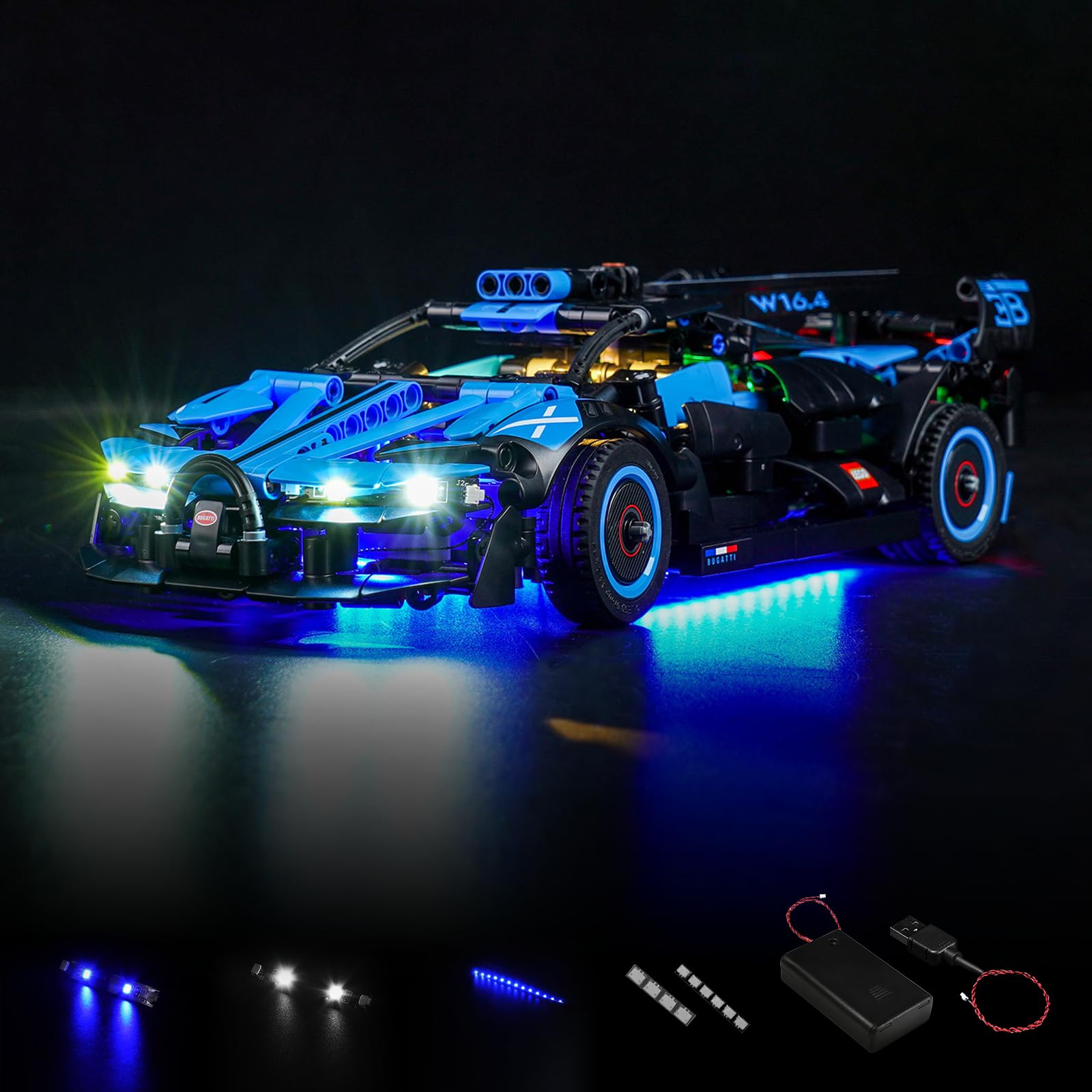 LocoLee LED Light Kit Compatible with Lego 42162 Technic Bugatti Bolide Agile Blue (NO Model, Only Light kit), Light Compatible with Lego 42162 for Fans-NO LEGO's with Light Kit — image 1
