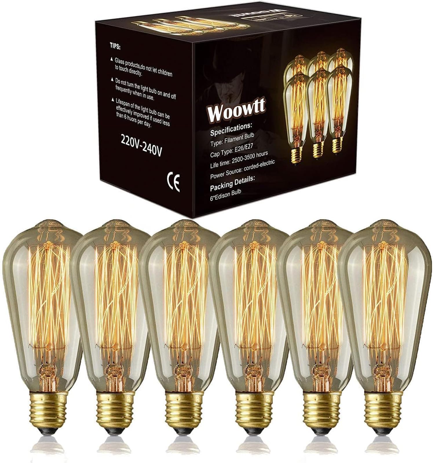Woowtt Edison Light Bulb 6 Pack Classic Antique Bulb Style - Dimmable - Amber Warm - ST64 40W