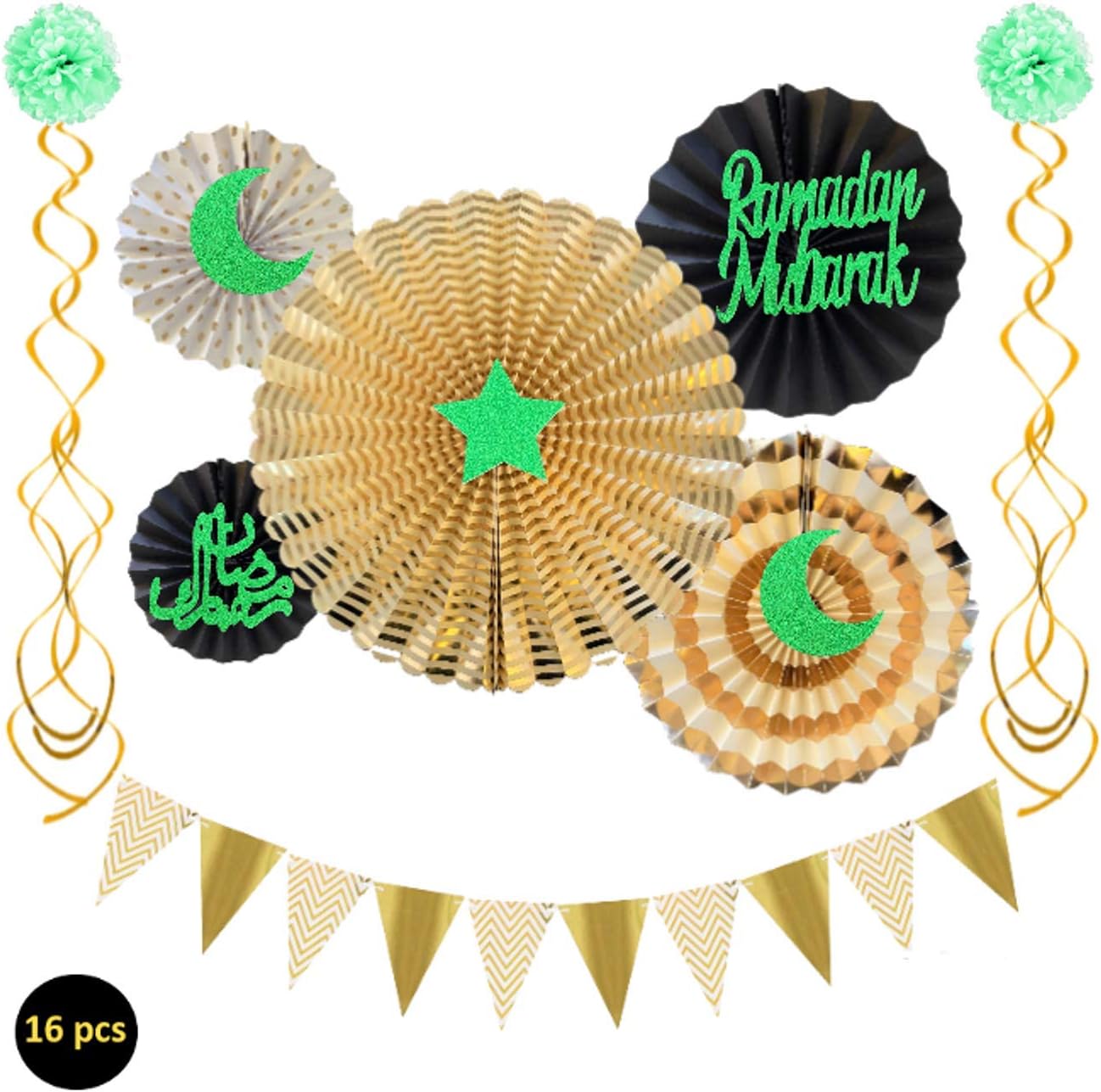 Ramadan Mubarak Decoration Set - Decoration Cutouts and Paper Fans - Perfect for Ramadan Parties and Events (Gold & Green)