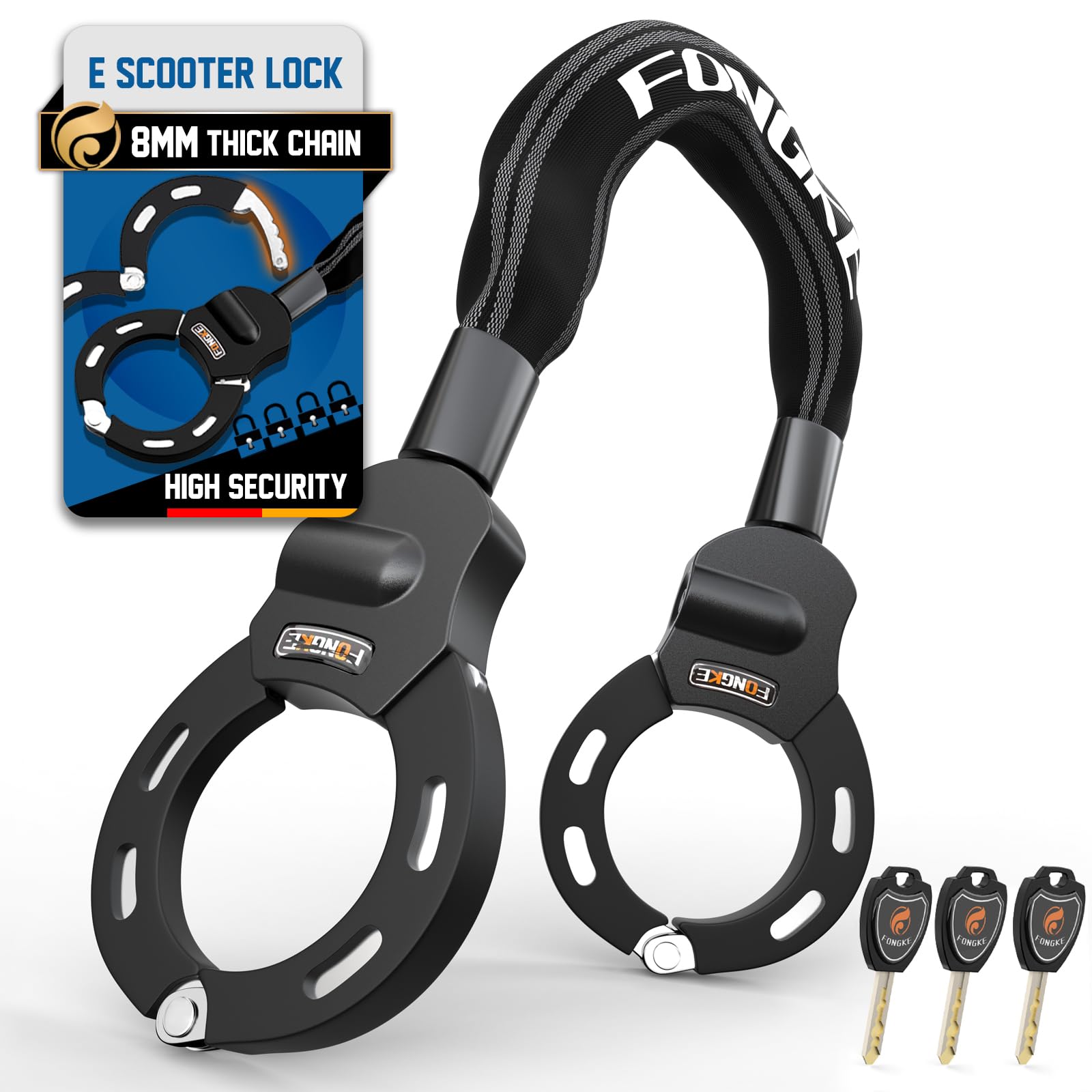 E Scooter Schloss, 8mm Dicke Kettenschloss, Tragbarkeit Schloss für E Scooter, Handschellenschloss, Hohe Sicherheit Fahrradschloss