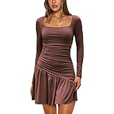 HYPERFIRE Women's Long Sleeve Square Neck Dress Ruched Waist Ruffle Dresses Party Clubwear
